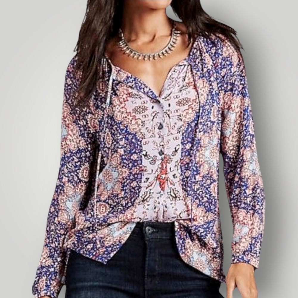 Lucky Brand XS Boho Pheasant Multi Printed Long Sleeve Keyhole V-Neck Top Blouse